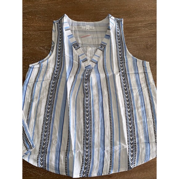 Mine Medium‎ Blouse Aztec Blue Striped Sleeveless V Neck Tank Button Back - Picture 1 of 4